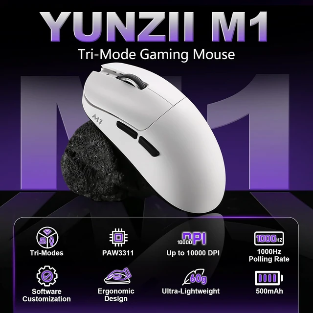 Alt view image 2 of 7 - YUNZII M1 PAW3311 Sensor Wireless Gaming Mouse (White)