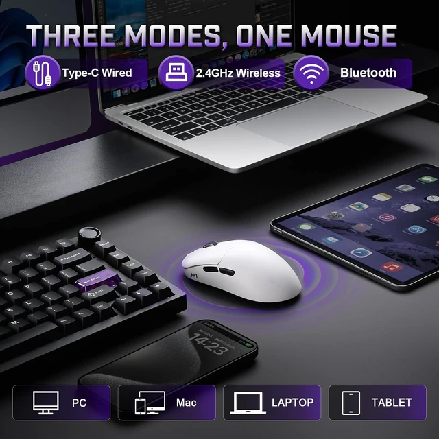 Alt view image 3 of 7 - YUNZII M1 PAW3311 Sensor Wireless Gaming Mouse (White)