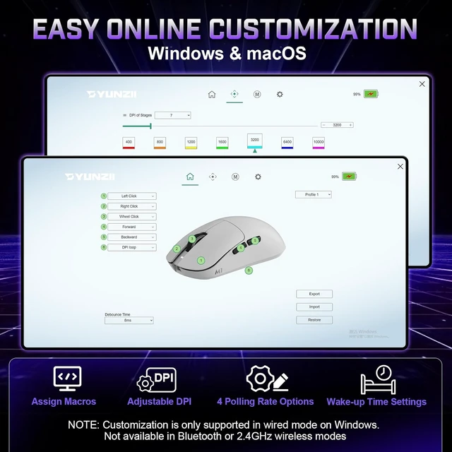 Alt view image 7 of 7 - YUNZII M1 PAW3311 Sensor Wireless Gaming Mouse (White)