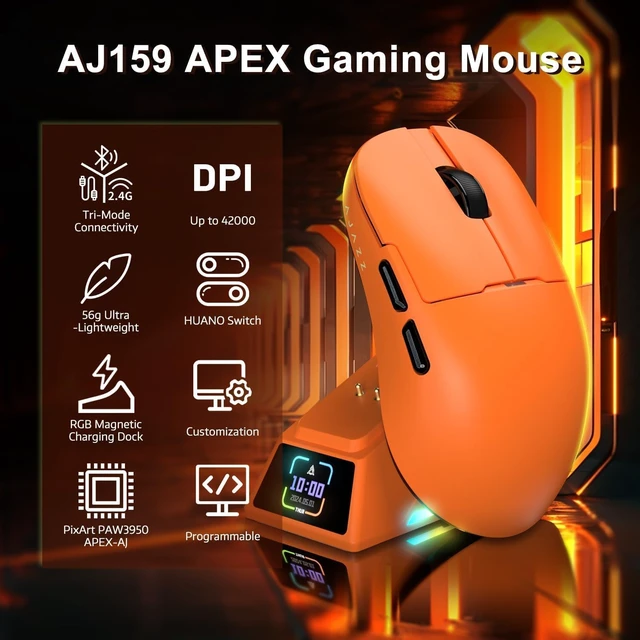 Alt view image 2 of 7 - AJAZZ AJ159APEX 8Khz Wireless Gaming Mouse Ultralight 56g with Magnetic Screen Charging Dock 42000DPI PAW3950 Sensor Tri Mode BT/2.4Ghz/Type-c Wired Programmable for Esport FPS PC Mac Gamer(Orange)