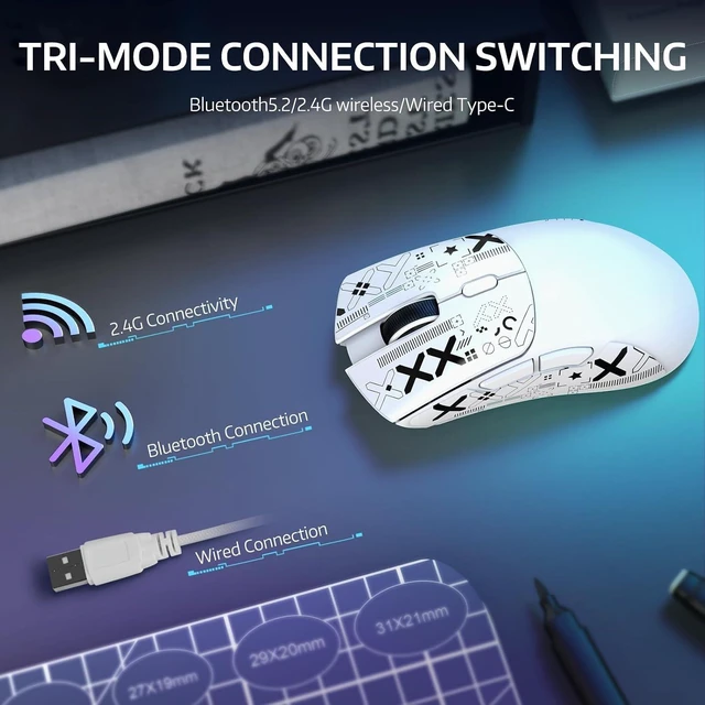Alt view image 3 of 7 - ATTACK SHARK R1 Wireless Gaming Mouse,Tri-Mode Connection (2.4G/Wired/BT5.2),55g Lightweight,18K DPI Optical Sensor,HUYU 20 Million Key Life,Ergonomic Design,for PC/Laptop/Win/Mac(White+Sticker)