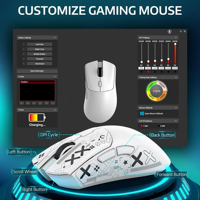 Alt view image 5 of 7 - ATTACK SHARK R1 Wireless Gaming Mouse,Tri-Mode Connection (2.4G/Wired/BT5.2),55g Lightweight,18K DPI Optical Sensor,HUYU 20 Million Key Life,Ergonomic Design,for PC/Laptop/Win/Mac(White+Sticker)
