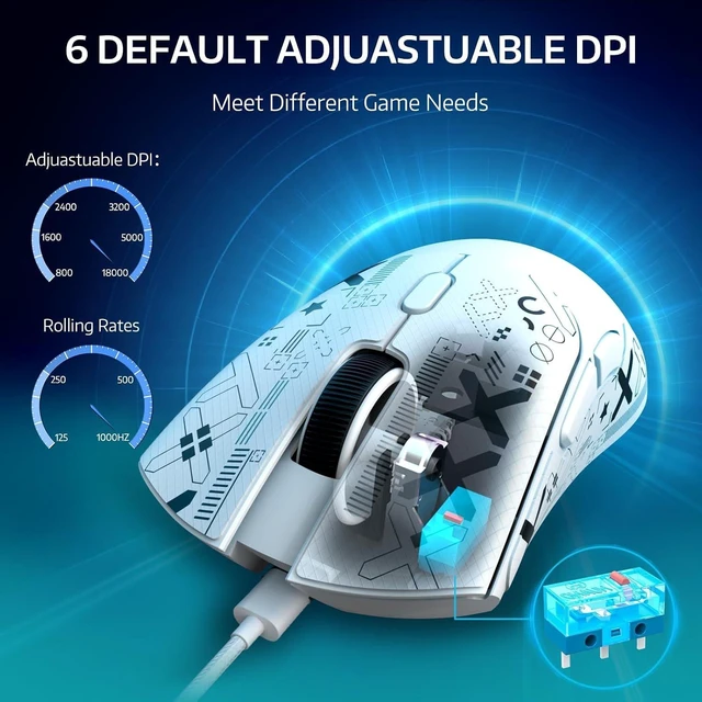 Alt view image 7 of 7 - ATTACK SHARK R1 Wireless Gaming Mouse,Tri-Mode Connection (2.4G/Wired/BT5.2),55g Lightweight,18K DPI Optical Sensor,HUYU 20 Million Key Life,Ergonomic Design,for PC/Laptop/Win/Mac(White+Sticker)