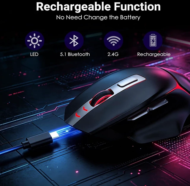 Alt view image 4 of 7 - Bluetooth Wireless Gaming Mouse,12500 DPI RGB Ergonomic Mouse with Tri-Mode (2.4G/USB-C/Wired), Rechargeable Gamer Mice for Computer, Mac, iPad, Laptop & PC (Black)