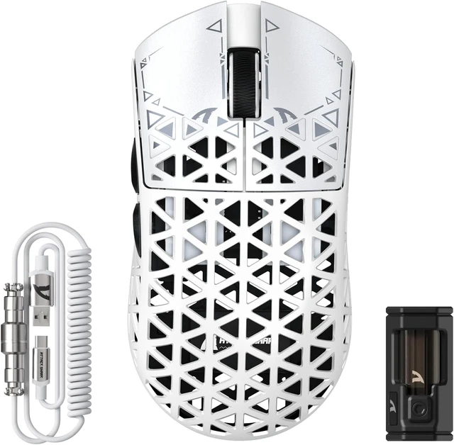Main image of ATTACK SHARK R5 Ultra Wireless Gaming Mouse,39g Superlight Carbon Fiber Hollowed-Out,PAW3950MAX Optical Sensor Nordic 52840 MCU 8K Polling 42K DPI,BT/2.4G/USB-C Mice with Coiled Cable for PC/Mac-White