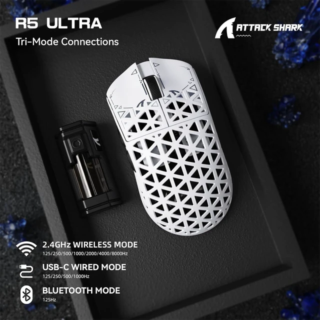 Alt view image 4 of 7 - ATTACK SHARK R5 Ultra Wireless Gaming Mouse,39g Superlight Carbon Fiber Hollowed-Out,PAW3950MAX Optical Sensor Nordic 52840 MCU 8K Polling 42K DPI,BT/2.4G/USB-C Mice with Coiled Cable for PC/Mac-White
