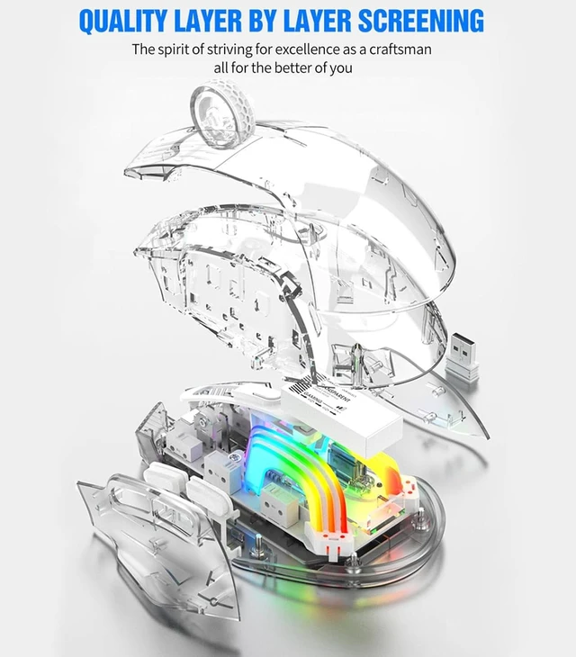 Alt view image 4 of 6 - HXMJ-Wireless Gaming Mice with Transparent Crystal Shell,Tri-Modes (USB Wired+2.4G Wireless+Bluetooth),Silent Click,RGB Backlit-White
