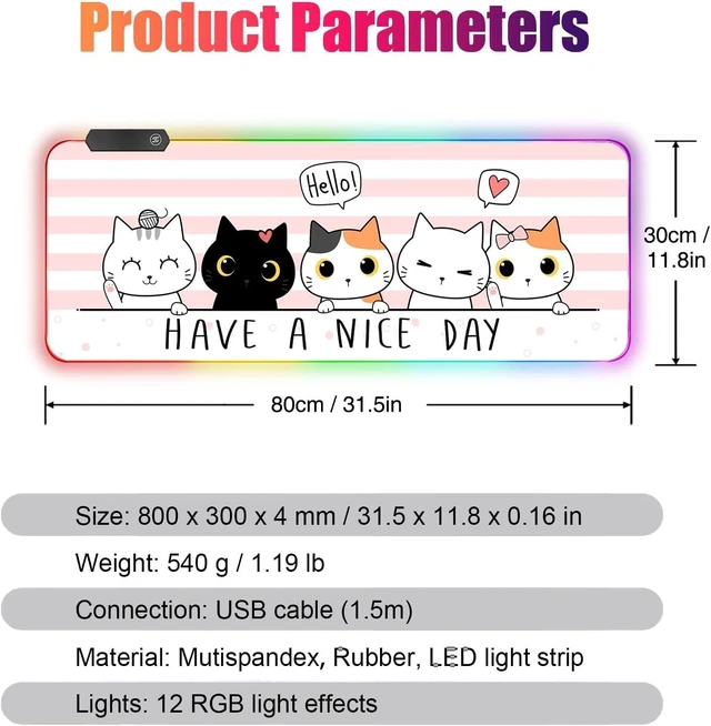Alt view image 7 of 7 - RGB Large Gaming Mouse Pad, Extended Mouse Pad with 12 Lighting Effects, Water Proof Mutispandex Surface, Non-Slip Rubber Base, 80x30 cm / 31.5×11.8 in (Cat)