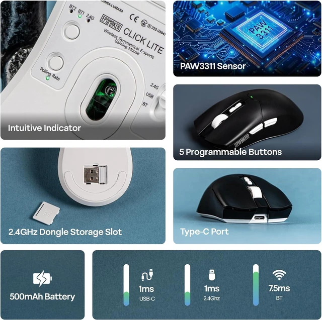 Alt view image 3 of 7 - EPOMAKER Click Lite Wireless Gaming Mouse, 800 to 12,000 DPI Adjustable, PAW3311 Sensor, 500mAh, 59g, 2.4G/BT/USB-C Rechargeable Wireless Mouse with 5 Programmable Buttons for PC/Mac/Linux (Black)