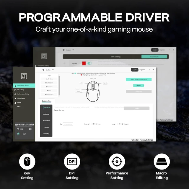 Alt view image 7 of 7 - EPOMAKER Click Lite Wireless Gaming Mouse, 800 to 12,000 DPI Adjustable, PAW3311 Sensor, 500mAh, 59g, 2.4G/BT/USB-C Rechargeable Wireless Mouse with 5 Programmable Buttons for PC/Mac/Linux (Black)