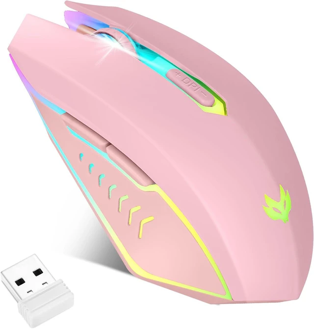Main image of Wireless Gaming Mouse, Rechargeable Computer Mouse, 7-Color LED Light, Ergonomic Mouse with 6 Silent Click Buttons, 3 Adjustable 2400 DPI Wireless Mouse for Laptop,PC,Mac, Pink