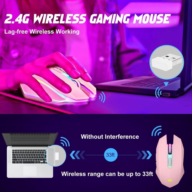 Alt view image 4 of 7 - Wireless Gaming Mouse, Rechargeable Computer Mouse, 7-Color LED Light, Ergonomic Mouse with 6 Silent Click Buttons, 3 Adjustable 2400 DPI Wireless Mouse for Laptop,PC,Mac, Pink
