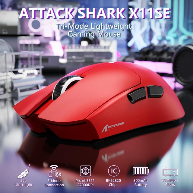 Alt view image 2 of 7 - ATTACK SHARK X11 SE Tri Mode Lightweight Wireless Gaming Mouse - Red