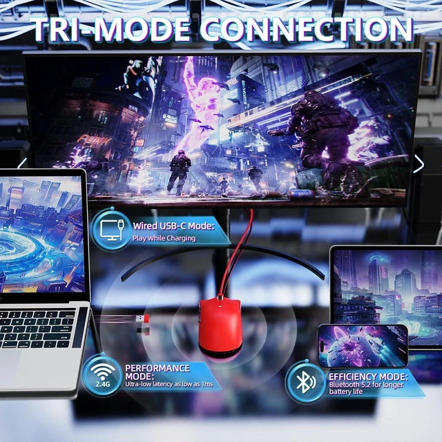 Alt view image 4 of 7 - ATTACK SHARK X11 SE Tri Mode Lightweight Wireless Gaming Mouse - Red