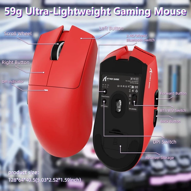 Alt view image 6 of 7 - ATTACK SHARK X11 SE Tri Mode Lightweight Wireless Gaming Mouse - Red