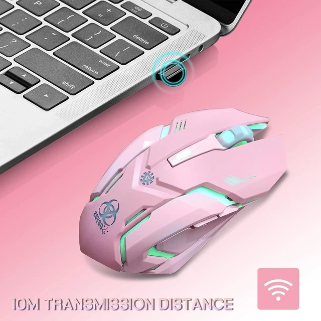 Alt view image 2 of 7 - VEGCOO Pink Wireless Gaming Mouse, Silent Click Wireless Mouse with Colorful RGB LED Lights, Rechargeable Computer Mice with Side Buttons and 3 Level DPI, for Laptop and Desktop