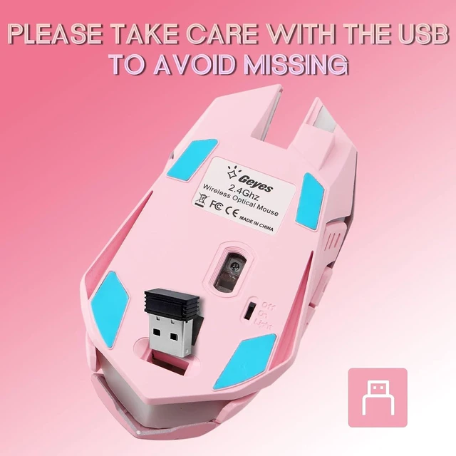 Alt view image 5 of 7 - VEGCOO Pink Wireless Gaming Mouse, Silent Click Wireless Mouse with Colorful RGB LED Lights, Rechargeable Computer Mice with Side Buttons and 3 Level DPI, for Laptop and Desktop