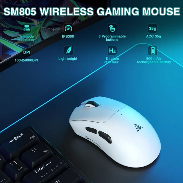 Alt view image 2 of 7 - SOLAKAKA SM805 Lightweight Wireless Gaming Mouse,24000 DPI,Tri-Modes Connection,BT5.0/Type-C Wired/2.4G Wireless Mouse Gaming with 2 Side Buttons, Engineering Grip Custom Mouse for Gamer,White