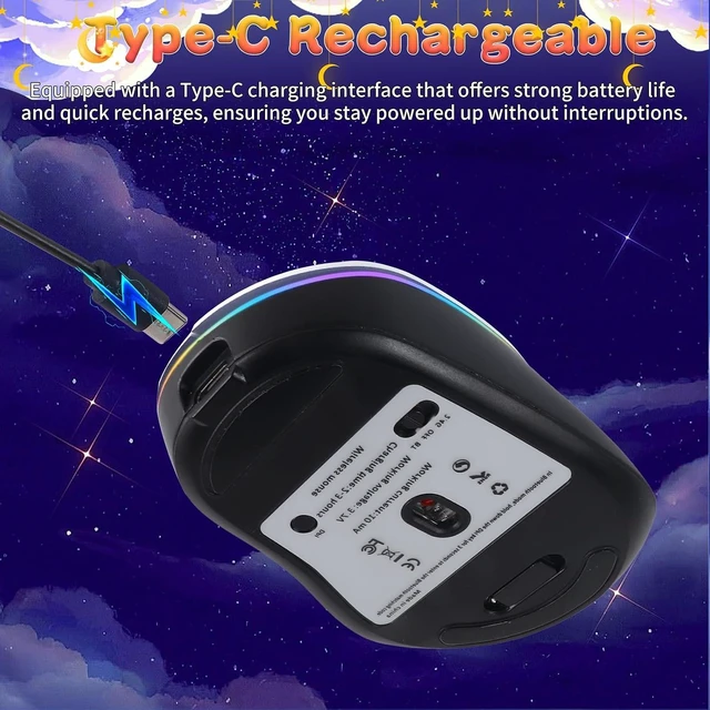 Alt view image 5 of 6 - elec Space Bluetooth Wireless Mouse with Starry Sky RGB Backlight& Gradient Breathing Light - Ergonomic Dual Mode Rechargeable Mouse, Type-C Charging - Perfect for Office, Gaming & Travel (White)