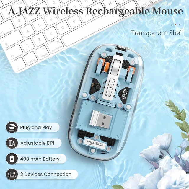 Alt view image 2 of 7 - AJAZZ Wireless Bluetooth5.1&2.4G Mini Lightweight Mouse,Transparent Clear Cool,Rechargeable Silent Computer Mice,Nano USB C Receiver,LED Battery Magic Silm for Office/PC/Mac/Laptop/Apple/ipad(Blue)