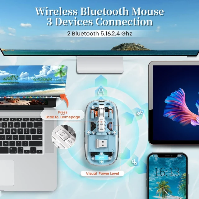 Alt view image 3 of 7 - AJAZZ Wireless Bluetooth5.1&2.4G Mini Lightweight Mouse,Transparent Clear Cool,Rechargeable Silent Computer Mice,Nano USB C Receiver,LED Battery Magic Silm for Office/PC/Mac/Laptop/Apple/ipad(Blue)