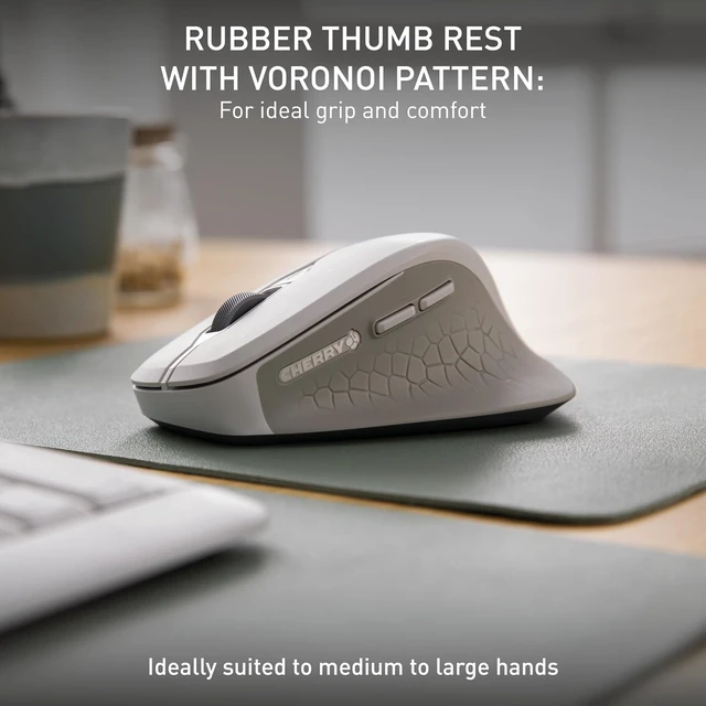 Alt view image 3 of 7 - Cherry Stream Mouse Comfort, Wireless Ergonomic Mouse with Rubberized Thumb Rest, for Right-Handers, 2.4 GHz, 6 Whisper-Quiet Buttons, Battery-Powered, White