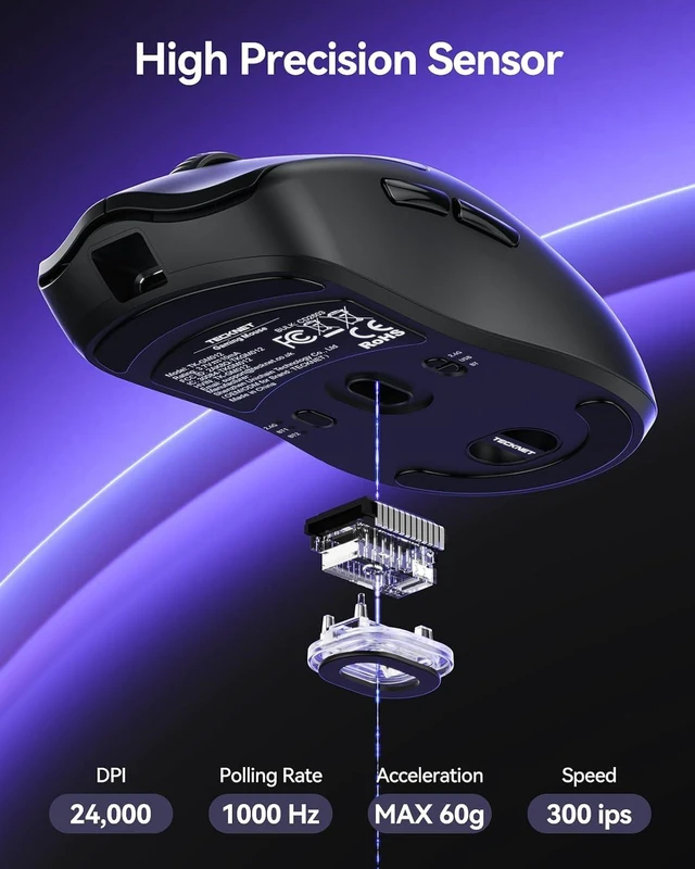 Alt view image 3 of 7 - TECKNET Wireless Gaming Mouse, 53g Lightweight, 1000Hz Polling Rate, Black
