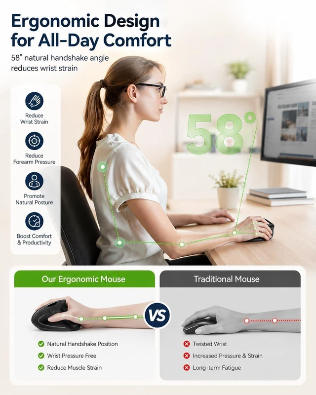 Alt view image 2 of 7 - TECKNET 2.4G Wireless Ergonomic Vertical Mouse(USB Receiver, Rechargeable)