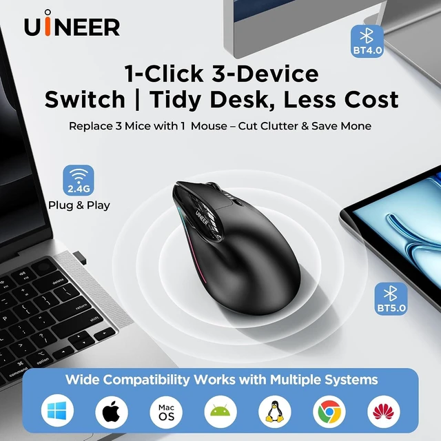 Alt view image 6 of 7 - Uineer Vertical Ergonomic Mouse, Wireless Bluetooth Mouse, 3-Device