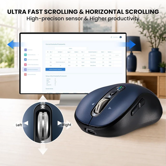 Alt view image 3 of 7 - INFINMIND Bluetooth Wireless Mouse for Laptop,USB+BT×2,USB-C Charging,Quiet Multi Device Mouse,Metal 4-Way Super Scrolling,± 3200 DPI,9 Buttons,Ergo Computer Cordless Mice,for iPad/Tablet/Mac/PC/Phone