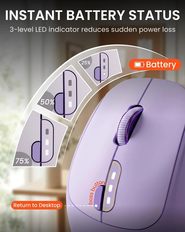 Alt view image 2 of 7 - Dual-Mode Bluetooth Wireless Mouse with Visible Battery Indicator - Purple