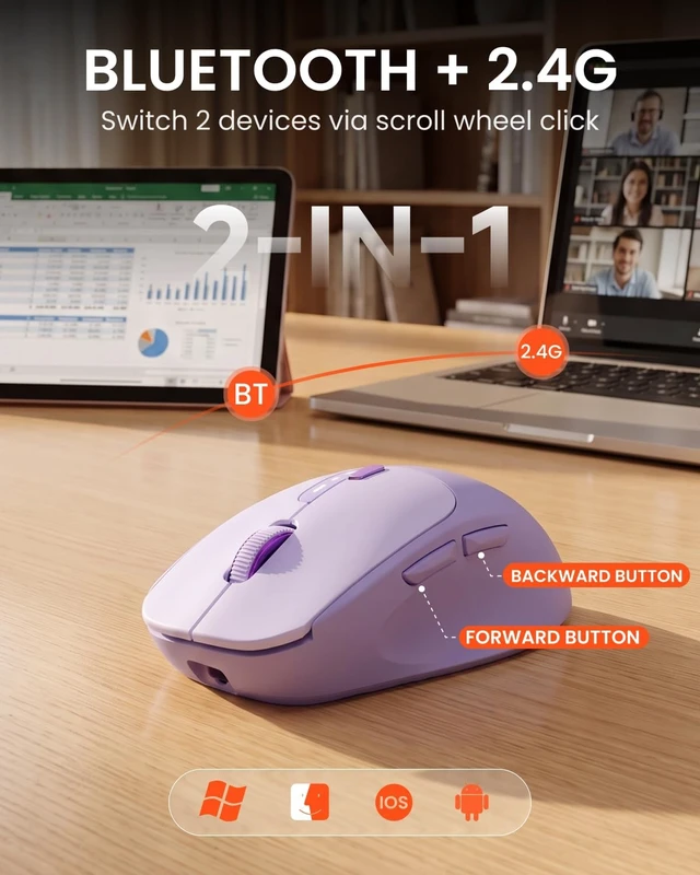 Alt view image 4 of 7 - Dual-Mode Bluetooth Wireless Mouse with Visible Battery Indicator - Purple