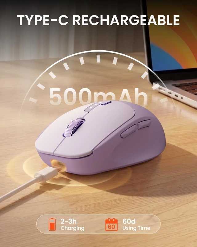 Alt view image 5 of 7 - Dual-Mode Bluetooth Wireless Mouse with Visible Battery Indicator - Purple