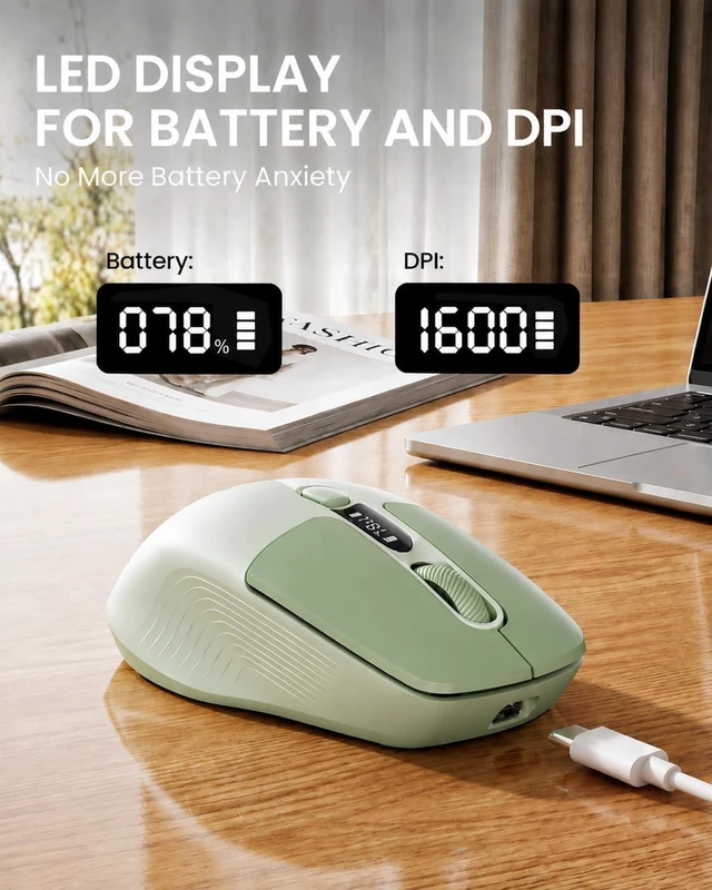 Alt view image 2 of 7 - Wireless Mouse with LED Display for Laptop, Rechargeable, Quiet - Green