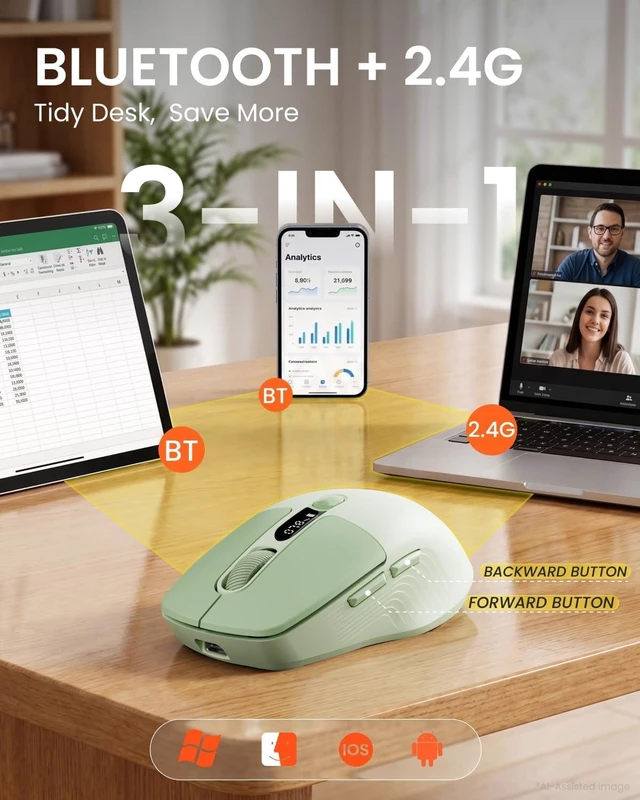 Alt view image 4 of 7 - Wireless Mouse with LED Display for Laptop, Rechargeable, Quiet - Green