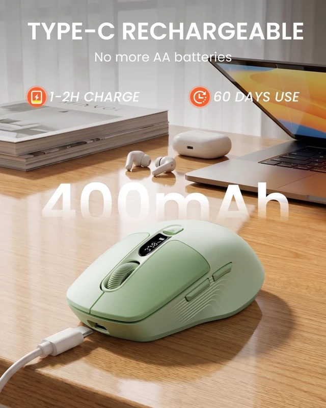 Alt view image 5 of 7 - Wireless Mouse with LED Display for Laptop, Rechargeable, Quiet - Green