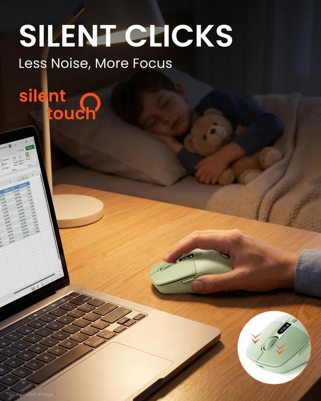 Alt view image 7 of 7 - Wireless Mouse with LED Display for Laptop, Rechargeable, Quiet - Green