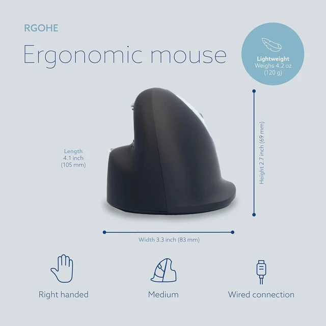 Alt view image 3 of 7 - R-Go HE Ergonomic Mouse, with Break Software, USB-C Wired (with USB-A Converter), Vertical Design, Anti-Carpal Tunnel, Silent Click, Customisable Buttons, Compatible for Windows/Mac OS, Black/Silver