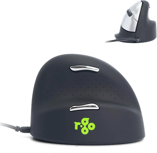 Main image of R-Go HE Ergonomic Mouse, with Break Software, USB-C Wired (with USB-A Converter), Vertical Design, Anti-Carpal Tunnel, Silent Click, Customisable Buttons, Compatible for Windows/Mac OS, Black/Silver