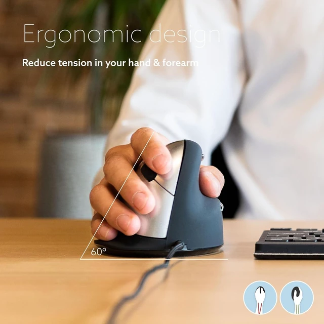 Alt view image 2 of 7 - R-Go HE Ergonomic Mouse, with Break Software, USB-C Wired (with USB-A Converter), Vertical Design, Anti-Carpal Tunnel, Silent Click, Customisable Buttons, Compatible for Windows/Mac OS, Black/Silver