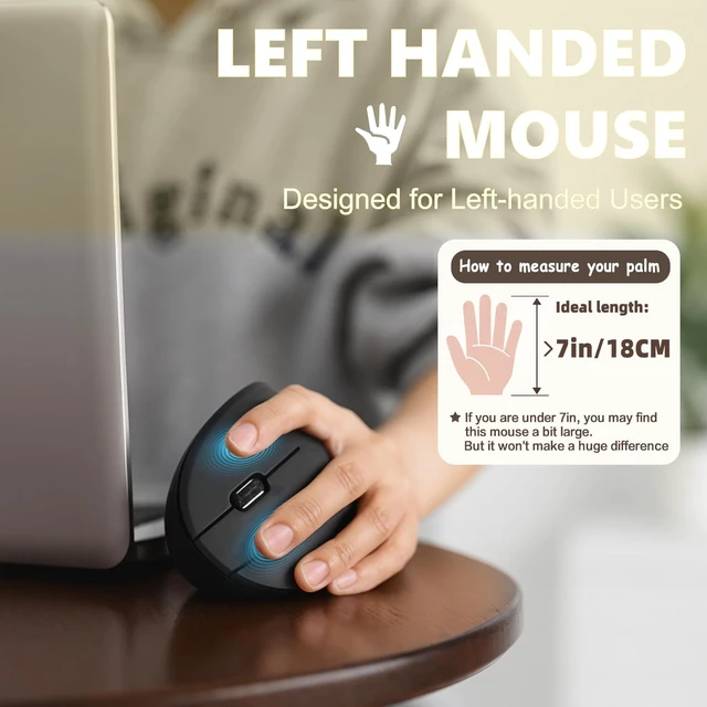 Alt view image 2 of 7 - Urby Left Handed Mouse, Vertical Left Handed Ergonomic Wireless Mouse.Black