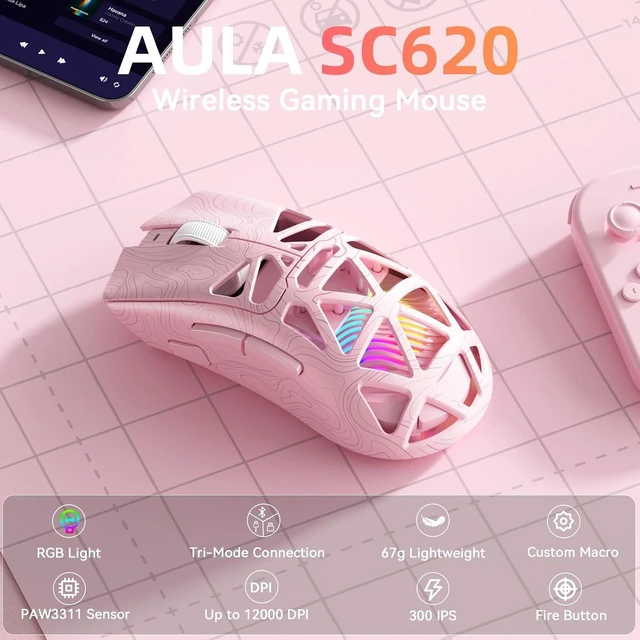 Alt view image 2 of 7 - Aula SC620 Wireless Gaming Mouse, Tri-Mode 2.4GHz/USB-C/BT5.3 Computer Mouse with 12000 DPI, Programmable Macro Gamer Mouse with Rapid Fire Key, RGB Light Gaming Mice for PC/Laptop/Mac (Line Pink)
