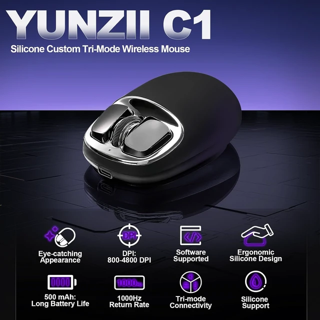 Alt view image 2 of 7 - YUNZII C1 Wireless Tri-Mode Wireless Mouse 4800 DPI Optical (Black Sliver)
