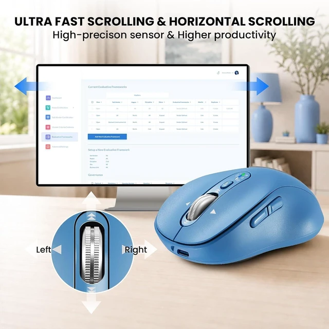 Alt view image 3 of 7 - Wireless Bluetooth Mouse Rechargeable,USB+BT×2,Multi Device Quiet Ergo Computer Mouses,Metal 4-Way Super Scrolling,± 3200 DPI,10 Button,Plug&Play,Cordless Mice for Laptop,Tablet,Mac,iPad,PC,Phone-Blue
