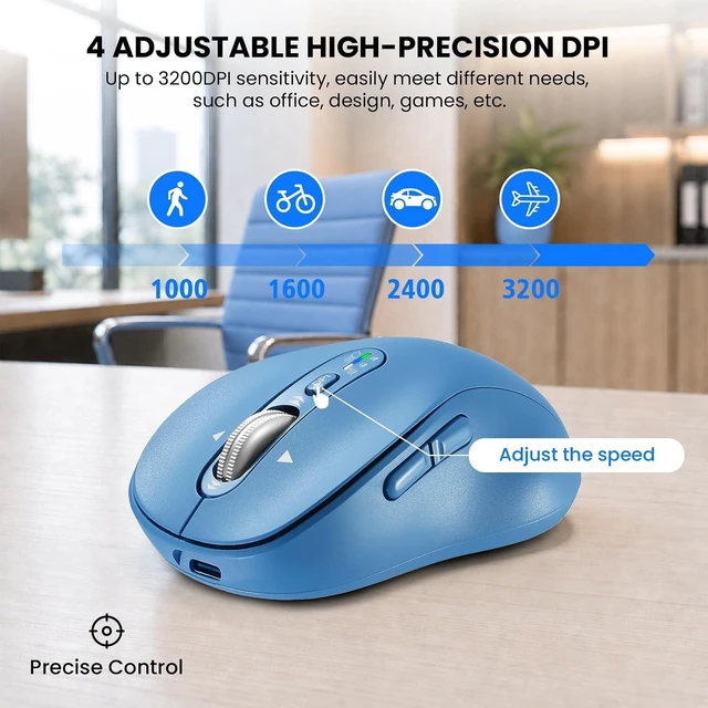 Alt view image 5 of 7 - Wireless Bluetooth Mouse Rechargeable,USB+BT×2,Multi Device Quiet Ergo Computer Mouses,Metal 4-Way Super Scrolling,± 3200 DPI,10 Button,Plug&Play,Cordless Mice for Laptop,Tablet,Mac,iPad,PC,Phone-Blue