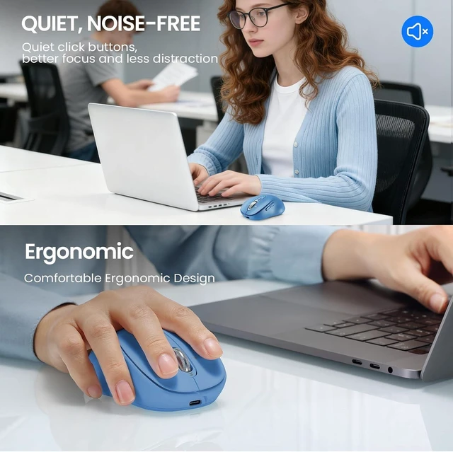 Alt view image 6 of 7 - Wireless Bluetooth Mouse Rechargeable,USB+BT×2,Multi Device Quiet Ergo Computer Mouses,Metal 4-Way Super Scrolling,± 3200 DPI,10 Button,Plug&Play,Cordless Mice for Laptop,Tablet,Mac,iPad,PC,Phone-Blue