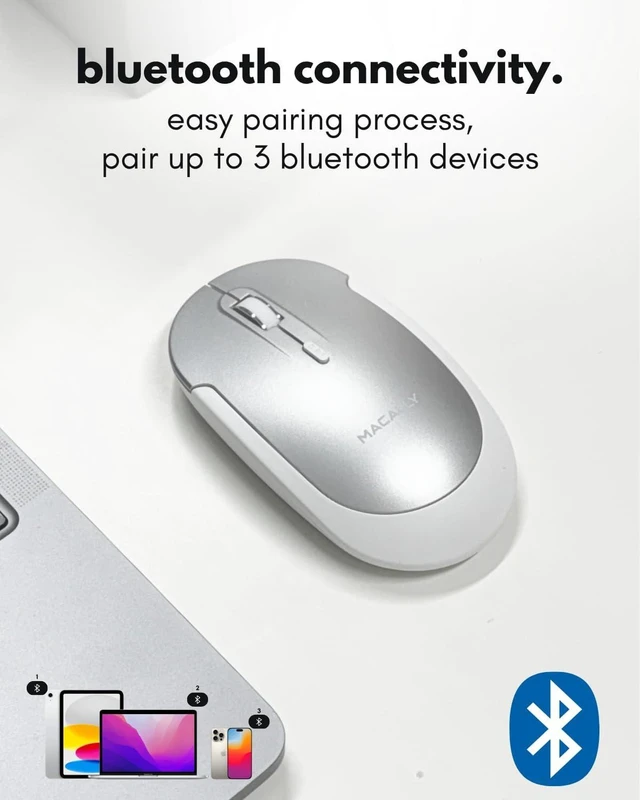Alt view image 3 of 7 - Macally Wireless Bluetooth Mouse for Mac, MacBook Pro/Air, iPad, and PC - Comfortable and Quiet Compatible Wireless Apple Mouse - Rechargeable Battery - Silver