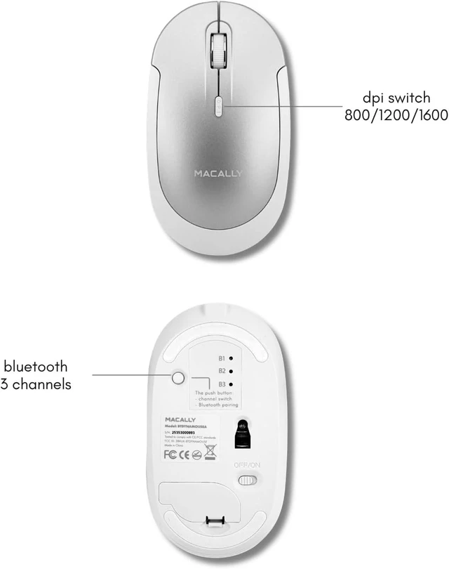 Alt view image 7 of 7 - Macally Wireless Bluetooth Mouse for Mac, MacBook Pro/Air, iPad, and PC - Comfortable and Quiet Compatible Wireless Apple Mouse - Rechargeable Battery - Silver