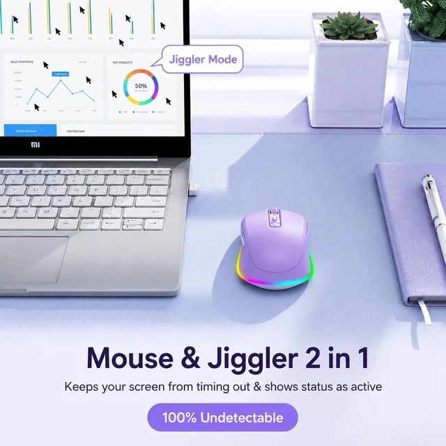 Alt view image 3 of 7 - PEIOUS Wireless Mouse Jiggler - LED Wireless Mice with Build-in Mouse Mover, Rechargeable Moving Mouse for Laptop with Undetectable Random Movement Keeps Computers Awake - Purple