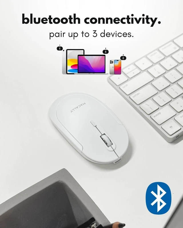 Alt view image 3 of 7 - Macally Wireless Bluetooth Mouse for Mac, MacBook Pro/Air, iPad, and PC - Quiet Click and Comfortable Compatible Apple Mouse Wireless - Rechargeable - White